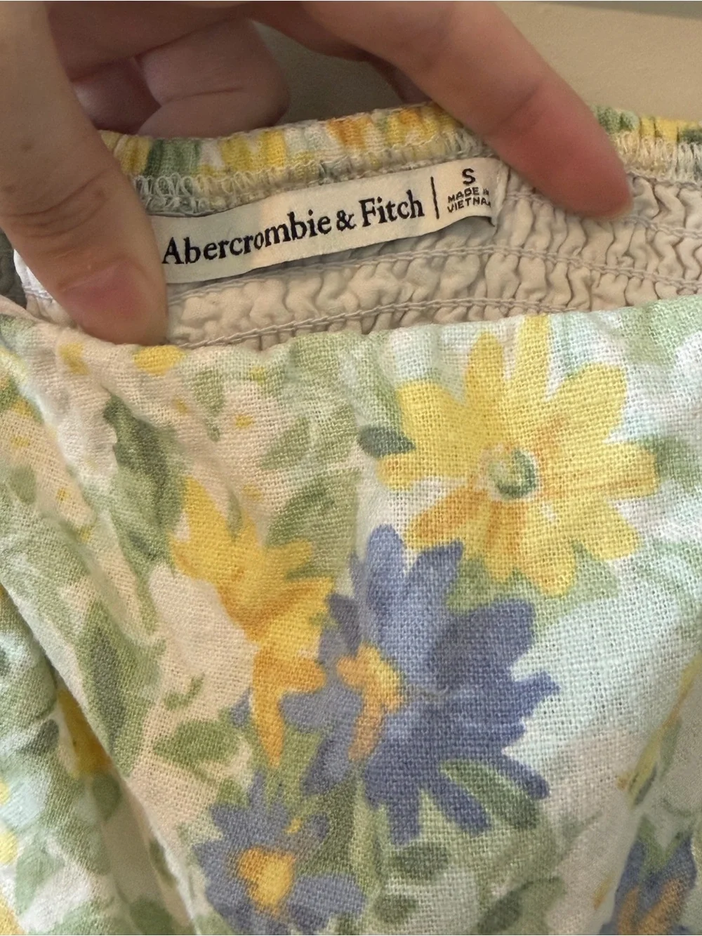 Abercrombie & Fitch Yellow and Blue Floral Puff-Sleeve Square Neck Top